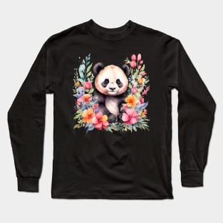 A panda bear decorated with beautiful watercolor flowers Long Sleeve T-Shirt